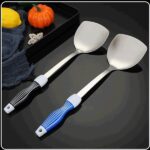 Stainless steel material, solid and practical, easy to clean, not easy to rust. Rounded edges, circular design, fit the bottom of the pot stir-fry smoothly without hurting the pot. polishing process design, bright as a. Large hanging hole, easy to hang, easy to store. Widen and deepen the spoon, - scoop up the satisfaction. Silicone utensils that are very suitable for cooking with non stick pans; Close contact with the surface of the flat bottomed pan without scratching the non stick coating - Image 5