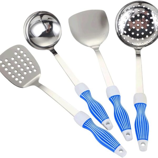 Stainless steel material, solid and practical, easy to clean, not easy to rust. Rounded edges, circular design, fit the bottom of the pot stir-fry smoothly without hurting the pot. polishing process design, bright as a. Large hanging hole, easy to hang, easy to store. Widen and deepen the spoon, - scoop up the satisfaction. Silicone utensils that are very suitable for cooking with non stick pans; Close contact with the surface of the flat bottomed pan without scratching the non stick coating