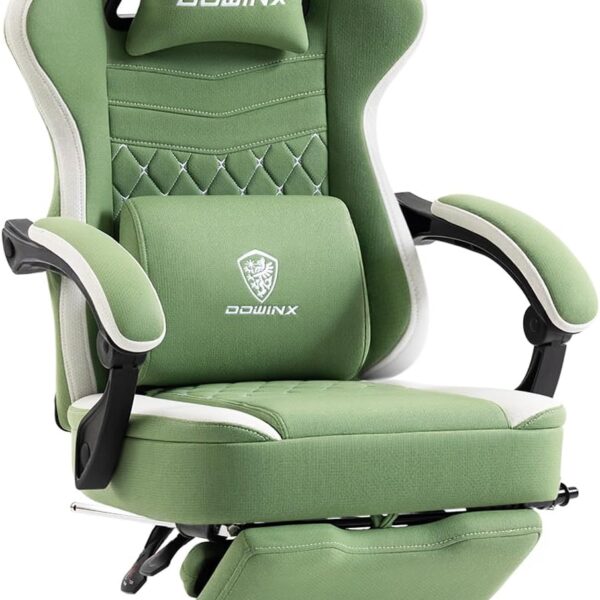 Dowinx Gaming Chair Breathable Fabric Game Chair with Gel Pad and Storage Bag, Comfortable Gamer Chair with Pocket Spring Cushion,Ergonomic Computer Chair with Footrest,Green and White