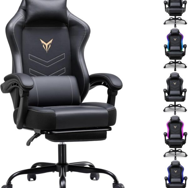 GTPLAYER Gaming Chair, Office Chair High Back Computer Chair with Foot Rest for Adults, Leather Desk Chair Executive Ergonomic Height Adjustable with Headrest and Lumbar Support, 300lbs Black