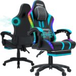 HOFFREE Led Gaming Chair with Speakers and Massage Video Game Chair Big and Tall for 400lbs with Footrest Reclining High Back Computer Desk Chair Blue and Black - Image 4