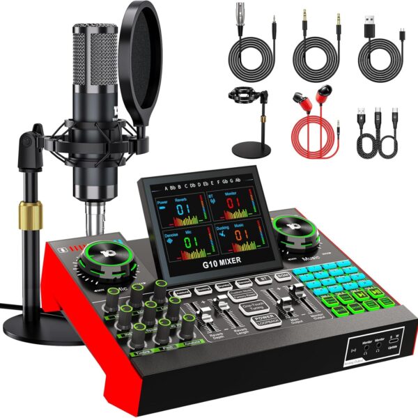 Podcast Microphone Bundle with Live Sound Board Audio Mixer, Podcast Equipment Bundle with 3.5mm Condenser Microphone(P15) for Pc/Phone Live Streaming Singing Gaming, Voice Changer, Denoise